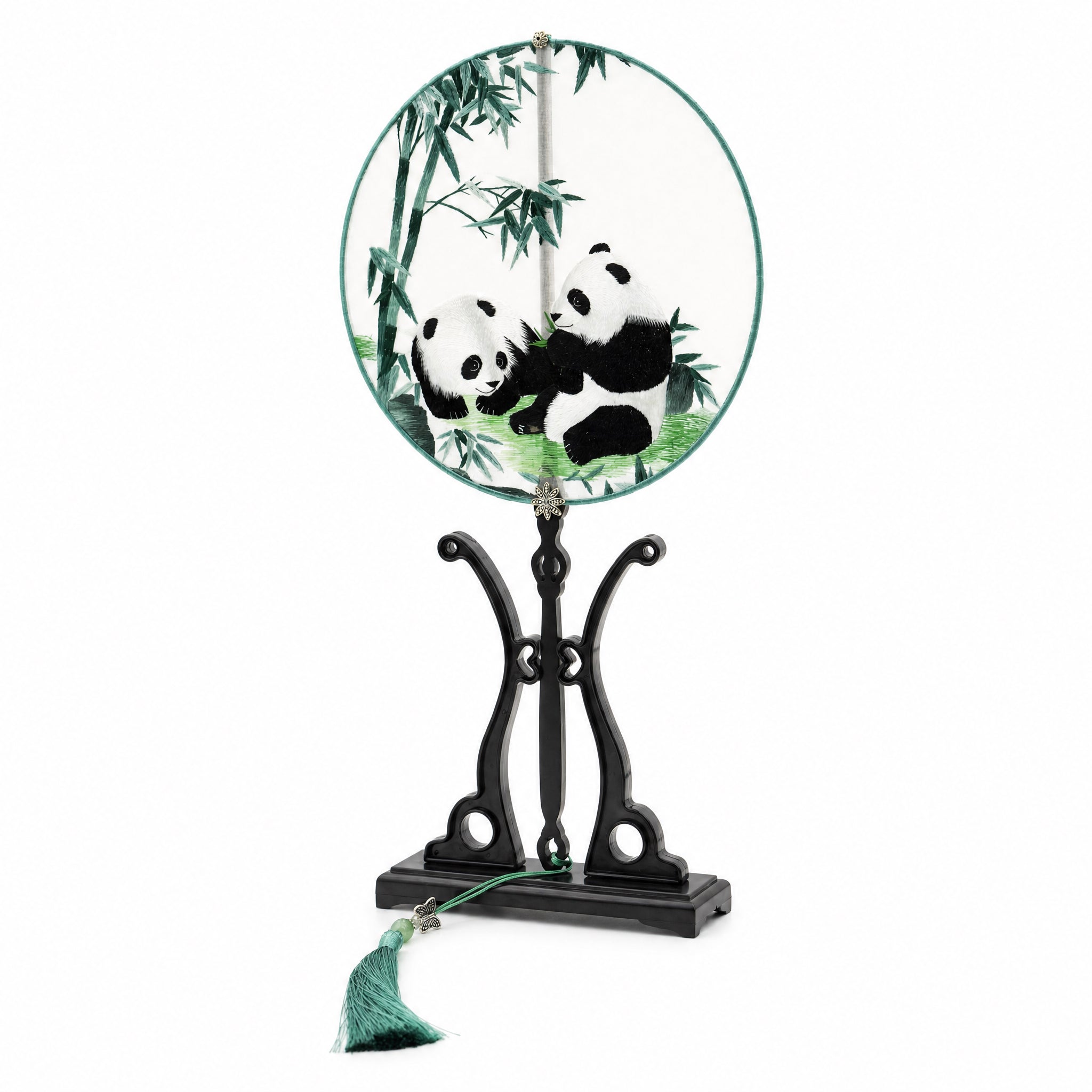 Apsastitch Su Embroidery Hand-Wrapped Silk Fan "Panda with Bamboo" – 192-Hour Handcrafted Suzhou Embroidery Art Fan, 100% Mulberry Silk with Ebony Handle, Unique Chinese Heritage Home Decor Gift