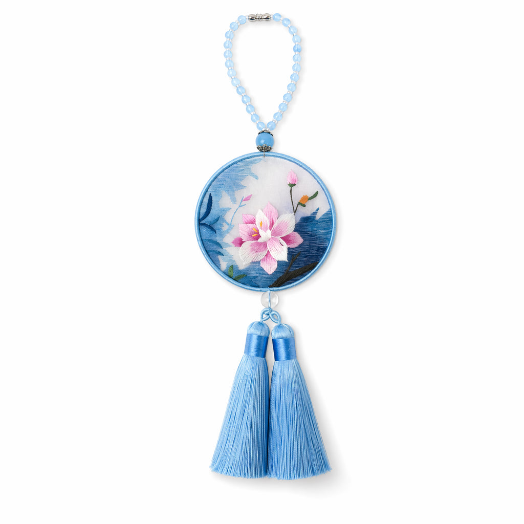 Apsastitch Double-Sided Magnolia Embroidery Car Hanging Ornament – 24-Hour Handcrafted Xiang Embroidery Car Charm, 8×8cm Silk Satin with Silk Tassel
