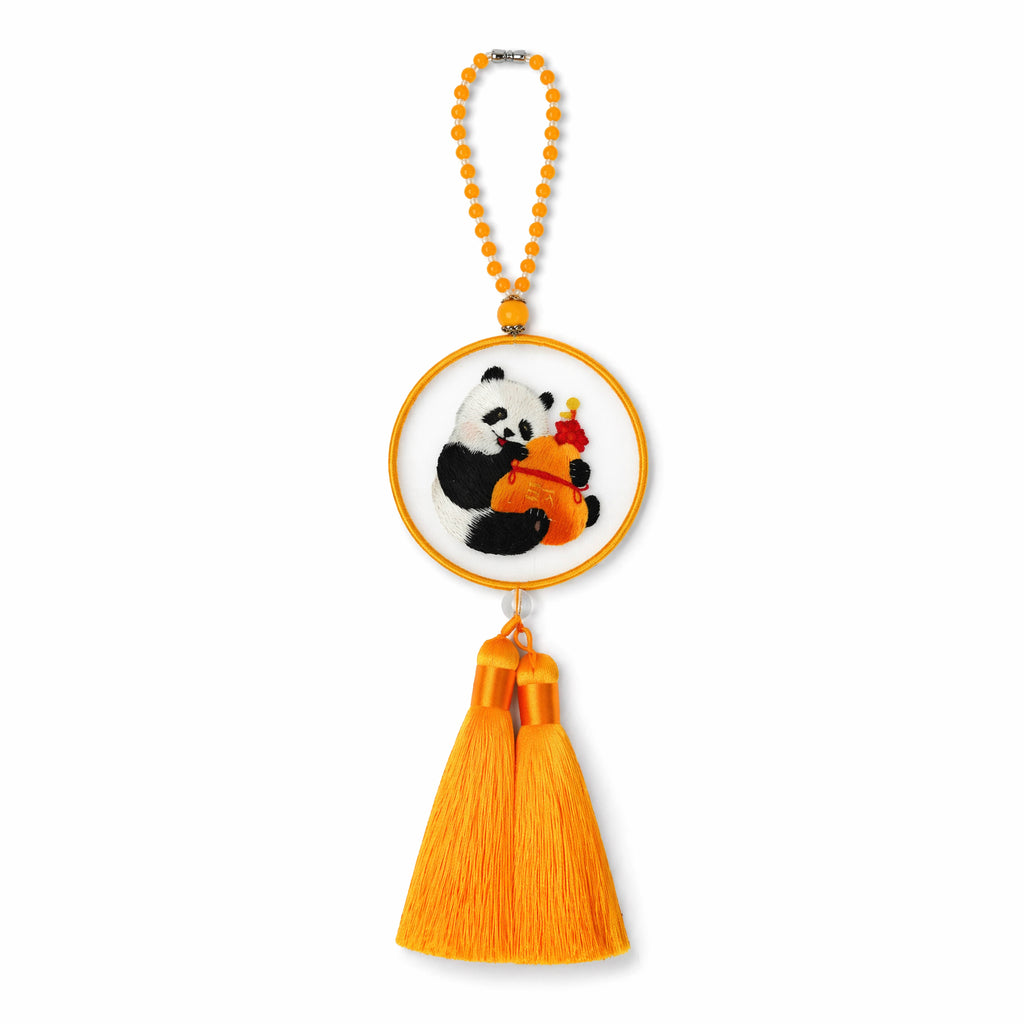 Apsastitch Double-Sided Panda with Gourd Blessing Embroidery Car Hanging Ornament – 24-Hour Handcrafted Xiang Embroidery Car Charm, 8×8cm Silk Satin with Silk Tassel