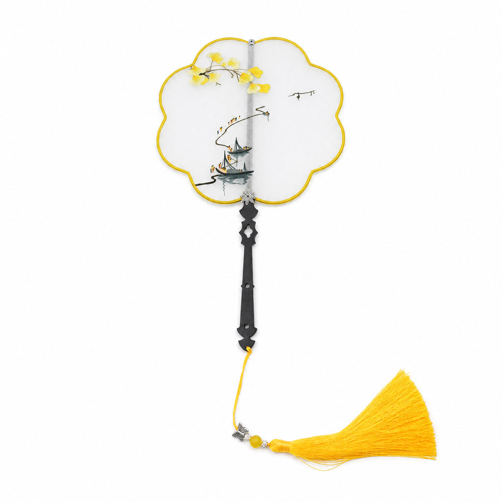 Apsastitch Su Embroidery Hand-Wrapped Silk Fan "Ginkgo & Jiangnan Water Town" – 192-Hour Handcrafted Suzhou Embroidery Art Fan, 100% Mulberry Silk with Ebony Handle, Unique Chinese Heritage Home Decor Gift