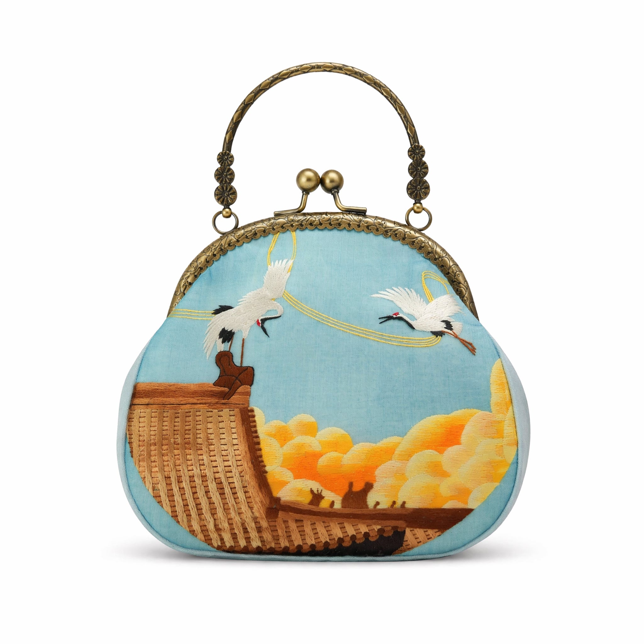 Apsastitch Xiang Embroidery White Crane Tote Bag – 68-Hour Handcrafted Silk Art Bag with Bronze Hardware, Unique Chinese Heritage Fashion Accessory Gift