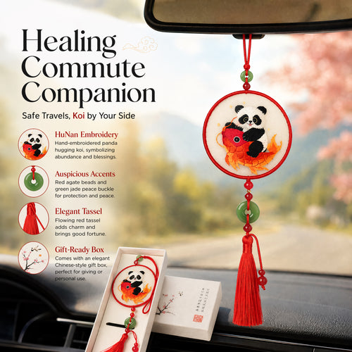Apsastitch Double-Sided Panda with Carp Fish Embroidery Car Hanging Ornament – 24-Hour Handcrafted Xiang Embroidery Car Charm, Silk Satin with Silk Tassel, Lucky Panda Rearview Mirror Decor, Unique Yearly Surplus Gift