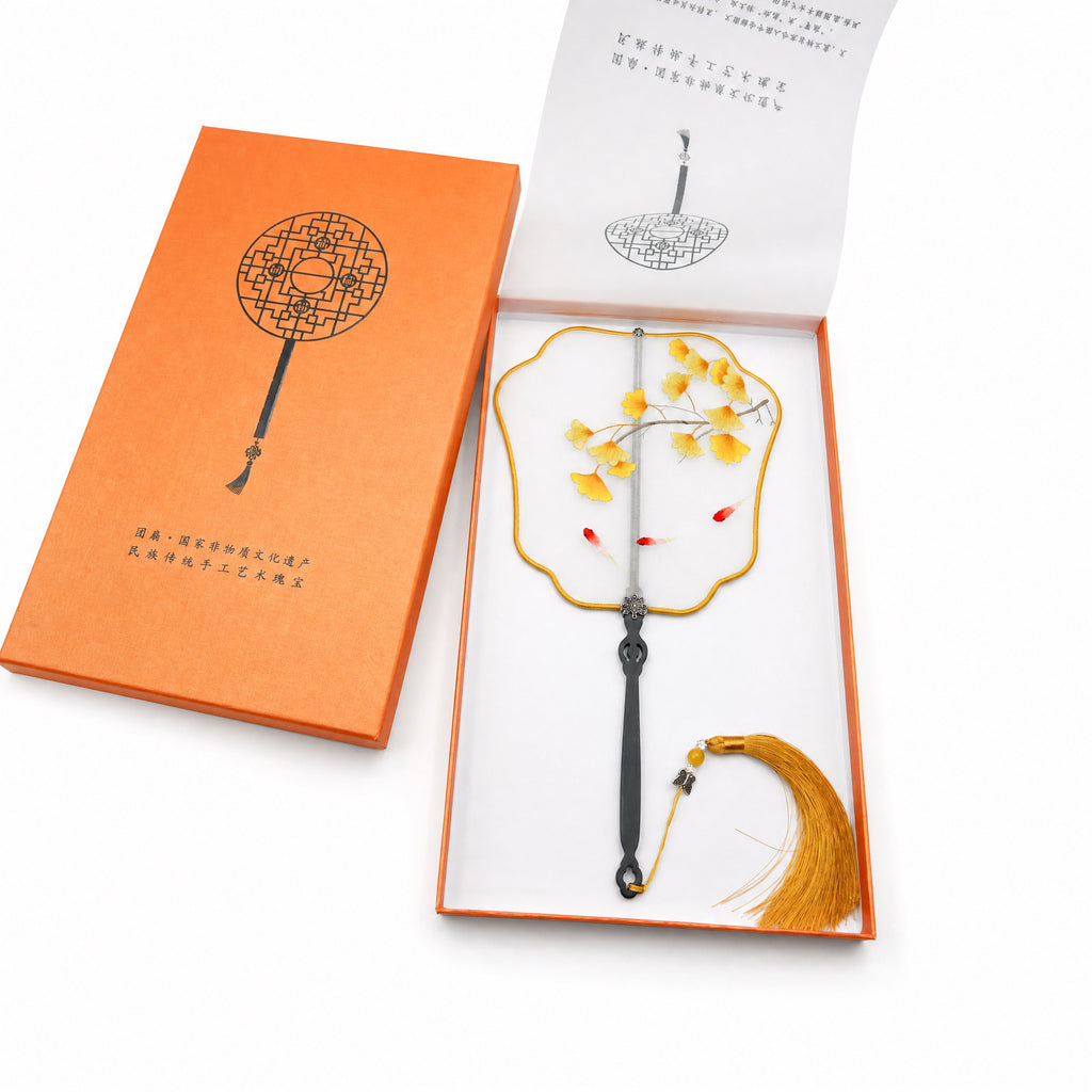 Apsastitch Su Embroidery Hand-Wrapped Silk Fan "Ginkgo & Fish" – 192-Hour Handcrafted Suzhou Embroidery Art Fan, 100% Mulberry Silk with Ebony Handle, Unique Chinese Heritage Home Decor Gift