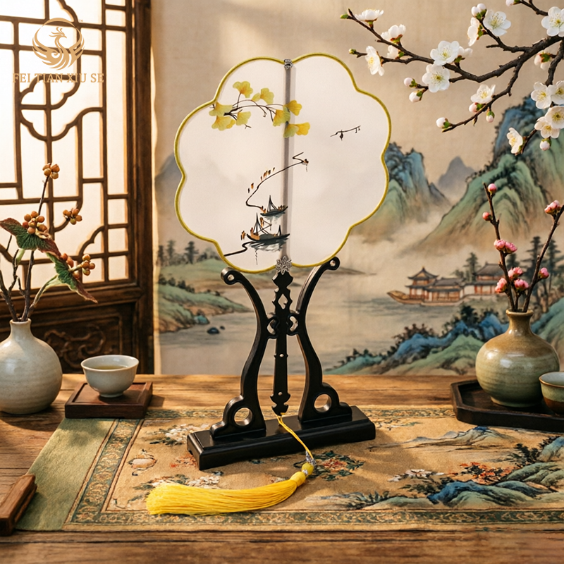 FEITIANXIUSEHandmade Double-Sided Silk Embroidery Round Fan Chinese Tuan Shan Classical Art Gift