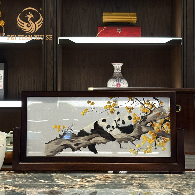 Handmade Su Embroidery Double-Sided Panda Table Screen - Cenderamata Mewah, Hiasan Meja Gaya Cina