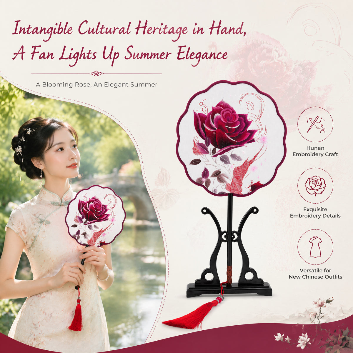 Apsastitch Xiang Embroidery Round Fan Series – Handcrafted Silk Fans with Rosewood Handle, Lotus & Starry Rose Designs, Unique Chinese Heritage Home Decor Gift