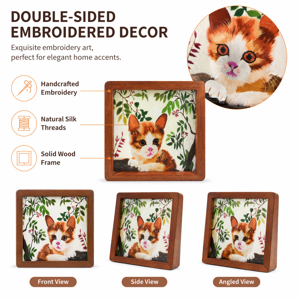 Apsastitch Double-Sided Chinese Cat Face Embroidery Table Screen – 60-Hour Handcrafted Xiang Embroidery Art Collectible, Silk Satin with Solid Wood Frame, Home Decor Art, Unique Chinese Housewarming Gift