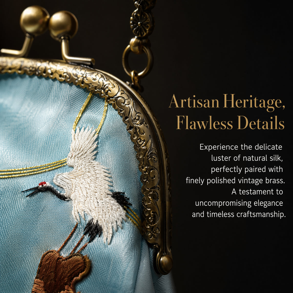 Apsastitch Xiang Embroidery White Crane Tote Bag – 68-Hour Handcrafted Silk Art Bag with Bronze Hardware, Unique Chinese Heritage Fashion Accessory Gift