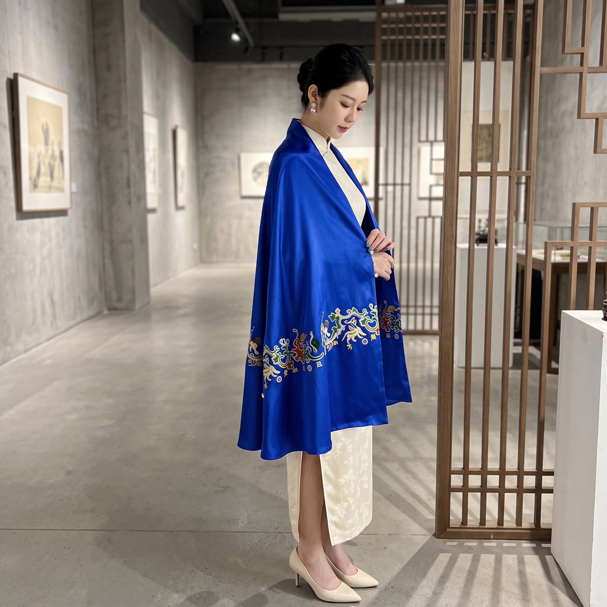 Apsastitch "Five Stars Rise in the East" Silk Scarf Wrap – 120-Hour Handcrafted Xiang Embroidery Silk Wrap, 16 Momme 100% Mulberry Silk, Han Dynasty Brocade Inspiration, Unique Chinese Heritage Wearable Art Gift