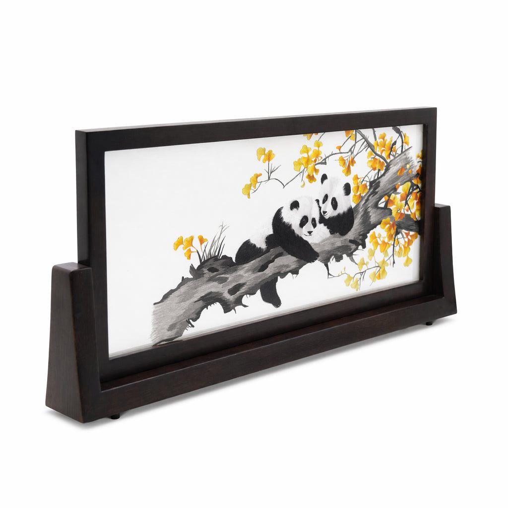 Apsastitch Double-Sided Panda Embroidery Table Screen – 120-Hour Handcrafted Xiang Embroidery Art Collectible, 50×24cm Silk Organza with Padauk Wood Frame