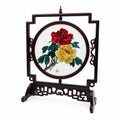 Apsastitch Double-Sided Peony Embroidery Table Screen – 240-Hour Handcrafted Xiang Embroidery Art Collectible, 55×52cm Silk Satin with Padauk Wood Frame