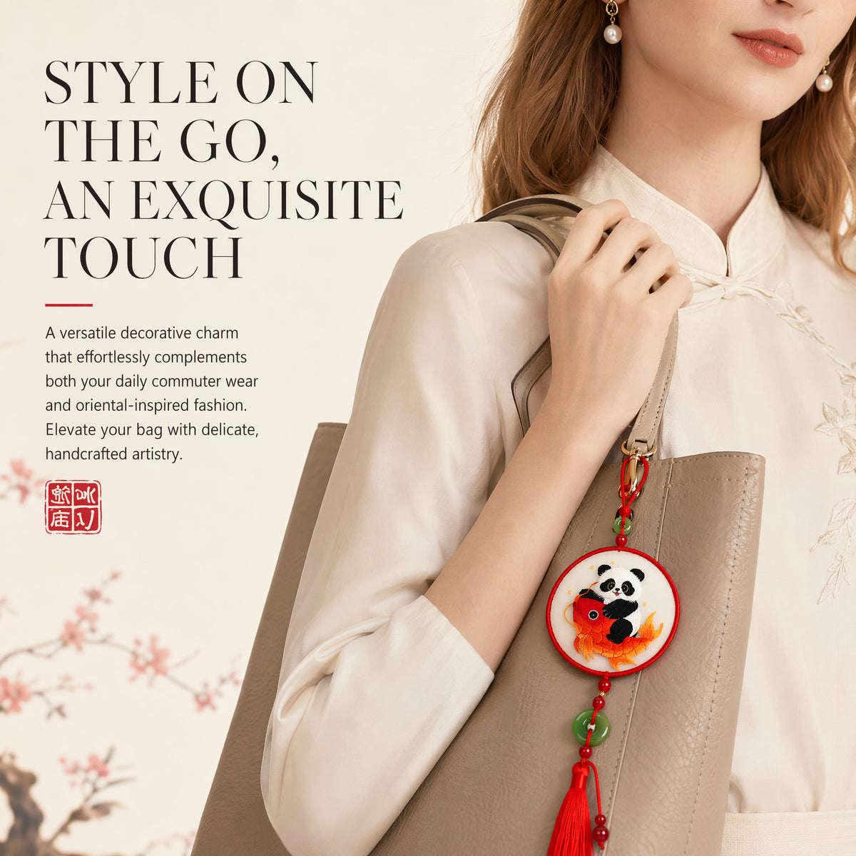 Apsastitch Double-Sided Panda with Carp Fish Embroidery Car Hanging Ornament – 24-Hour Handcrafted Xiang Embroidery Car Charm, Silk Satin with Silk Tassel, Lucky Panda Rearview Mirror Decor, Unique Yearly Surplus Gift
