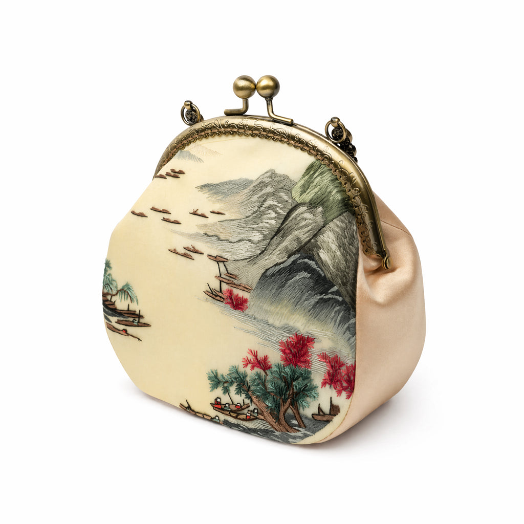 Apsastitch Xiang Embroidery Landscape Tote Bag – 68-Hour Handcrafted Silk Art Bag with Bronze Hardware, Unique Chinese Heritage Fashion Accessory Gift