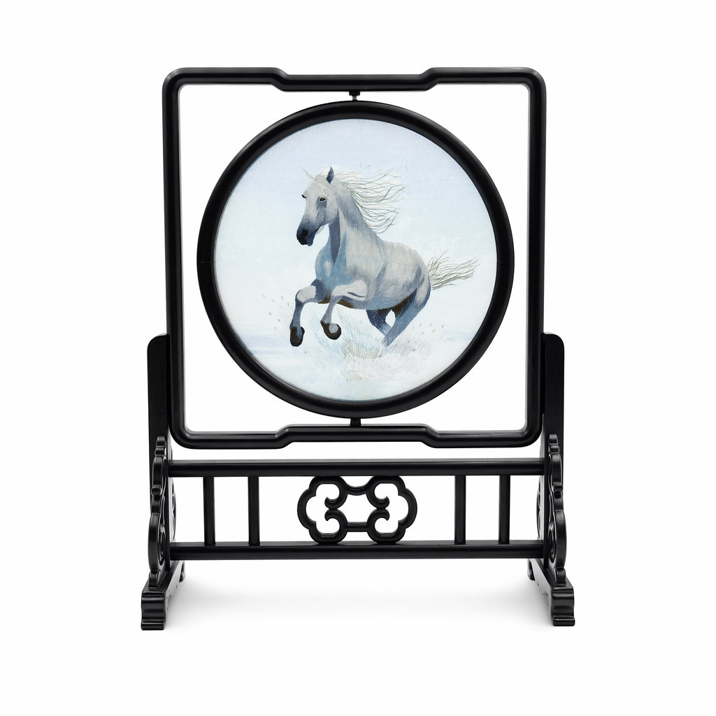 Apsastitch Double-Sided Black and White Horse Embroidery Table Screen – 240-Hour Handcrafted Xiang Embroidery Art Collectible, 20×20cm Silk Satin with Rosewood Frame