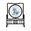 Apsastitch Double-Sided Black and White Horse Embroidery Table Screen – 240-Hour Handcrafted Xiang Embroidery Art Collectible, 20×20cm Silk Satin with Rosewood Frame