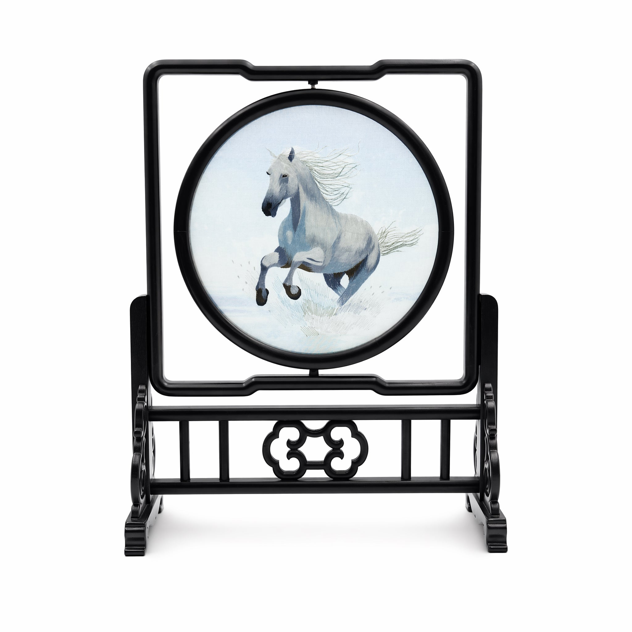 Apsastitch Double-Sided Black and White Horse Embroidery Table Screen – 240-Hour Handcrafted Xiang Embroidery Art Collectible, 20×20cm Silk Satin with Rosewood Frame