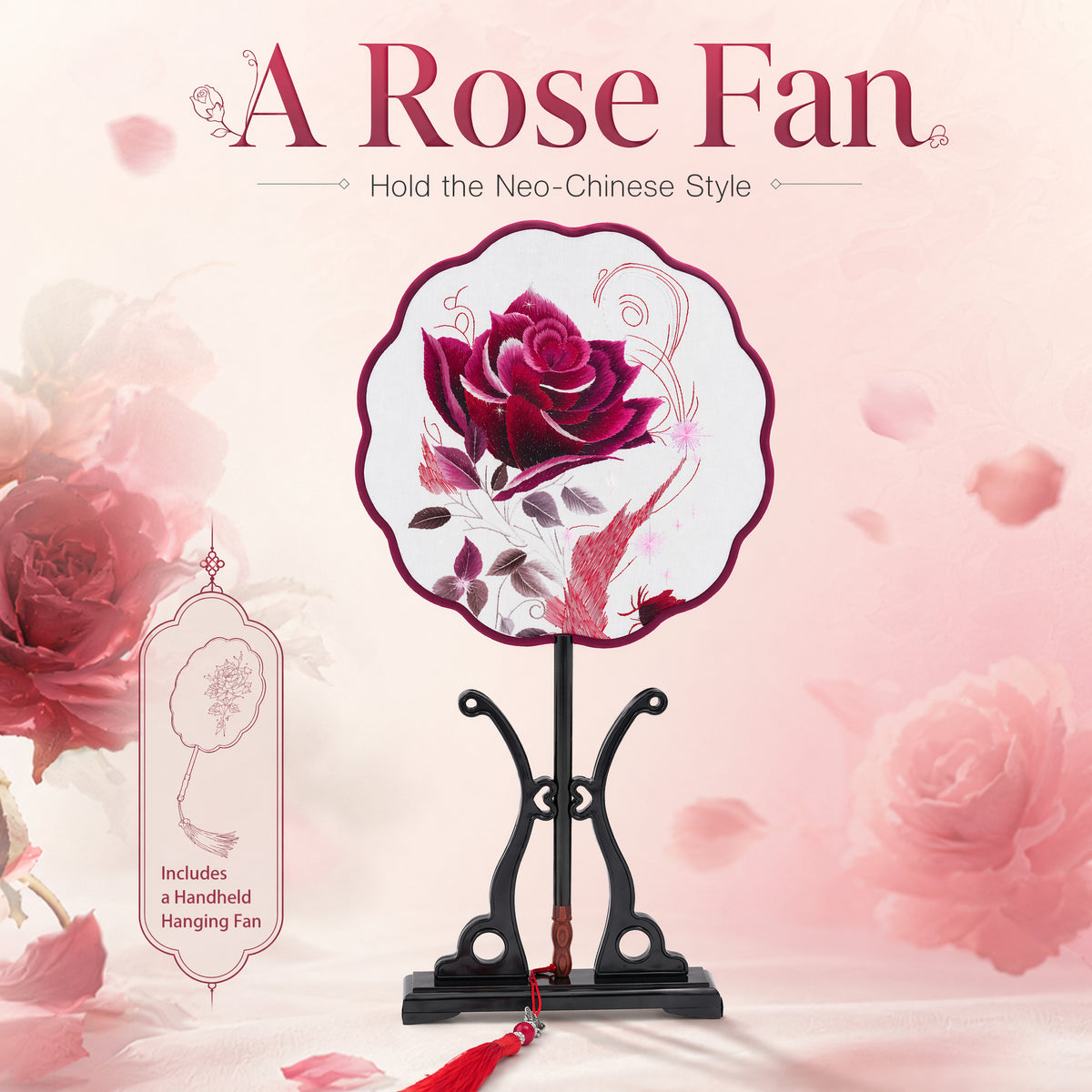 Apsastitch Xiang Embroidery Round Fan Series – Handcrafted Silk Fans with Rosewood Handle, Lotus & Starry Rose Designs, Unique Chinese Heritage Home Decor Gift