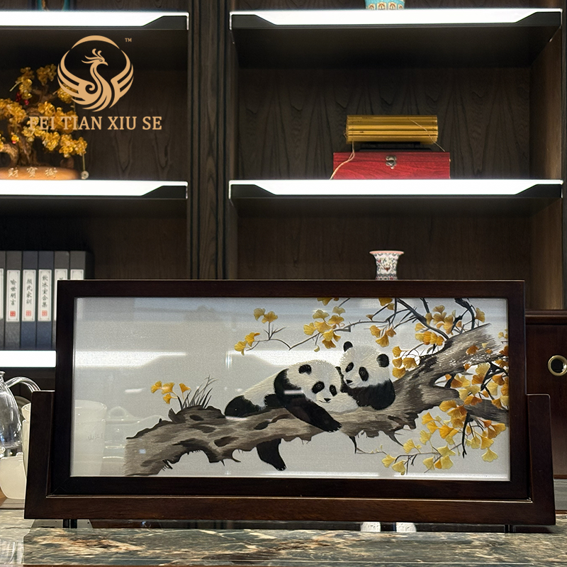 Handmade Su Embroidery Double-Sided Panda Table Screen - Cenderamata Mewah, Hiasan Meja Gaya Cina