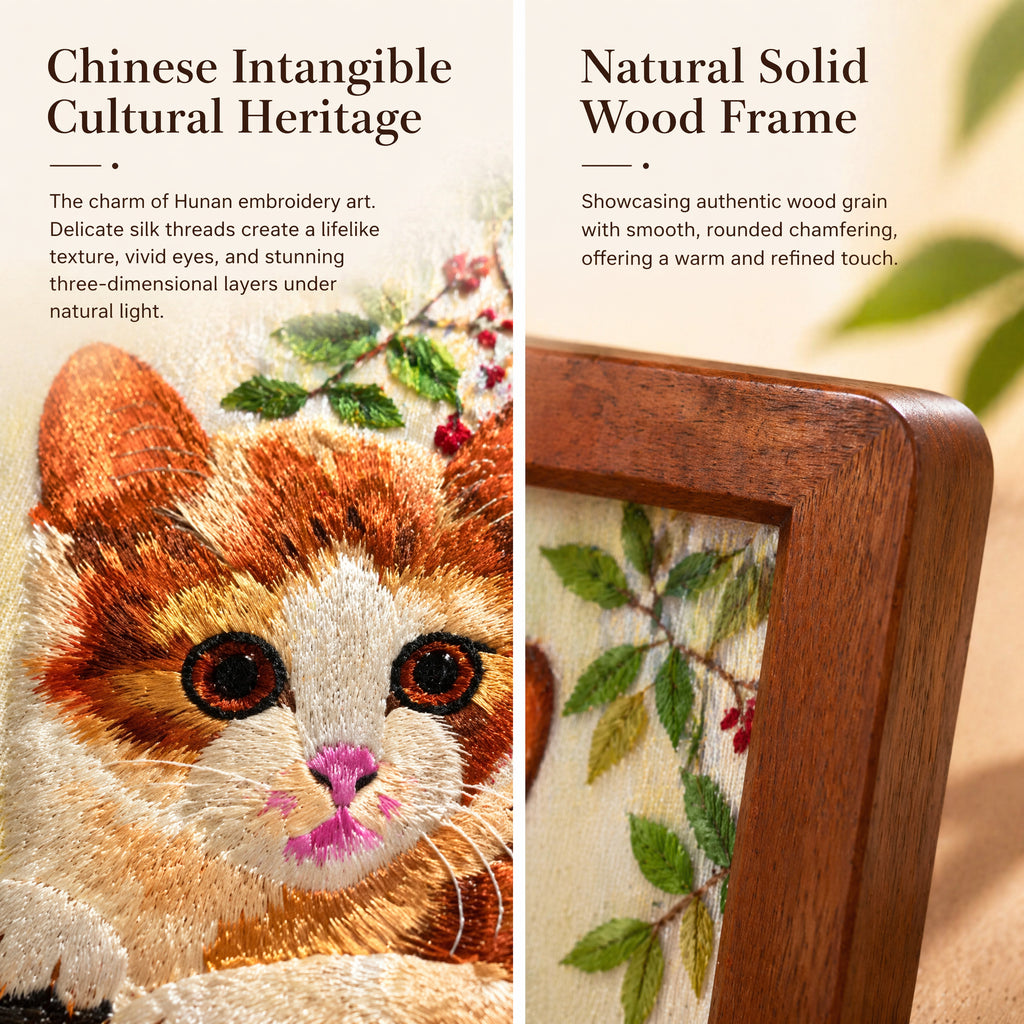 Apsastitch Double-Sided Chinese Cat Face Embroidery Table Screen – 60-Hour Handcrafted Xiang Embroidery Art Collectible, Silk Satin with Solid Wood Frame, Home Decor Art, Unique Chinese Housewarming Gift