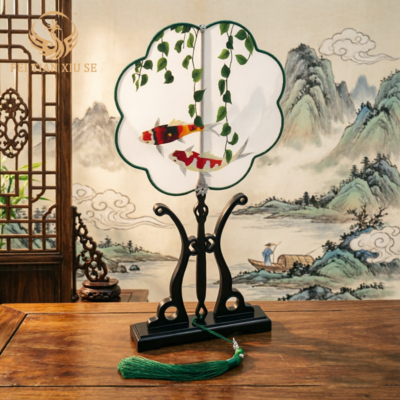 FEITIANXIUSEHandmade Double-Sided Silk Embroidery Round Fan Chinese Tuan Shan Classical Art Gift