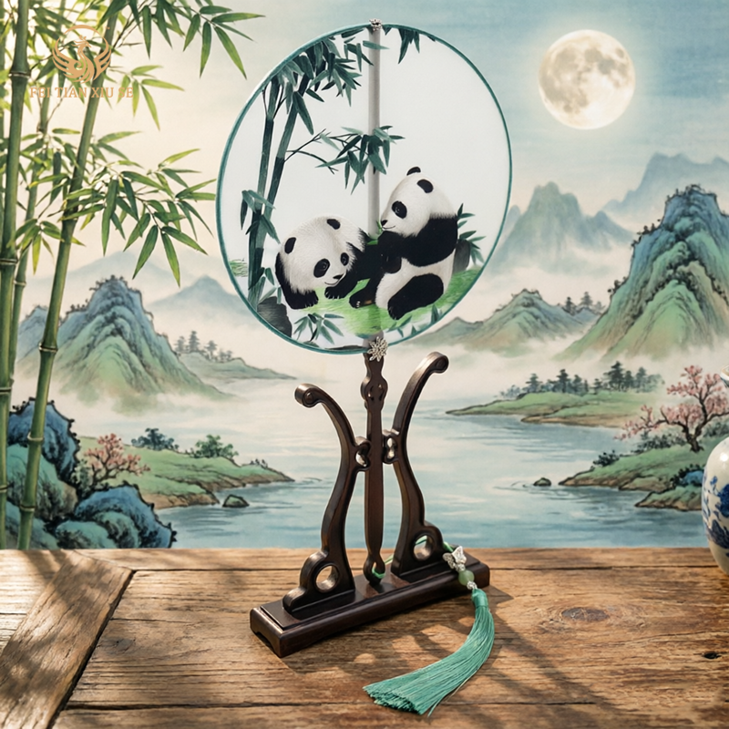 FEITIANXIUSEHandmade Double-Sided Silk Embroidery Round Fan Chinese Tuan Shan Classical Art Gift