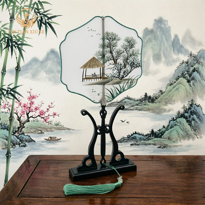 FEITIANXIUSEHandmade Double-Sided Silk Embroidery Round Fan Chinese Tuan Shan Classical Art Gift