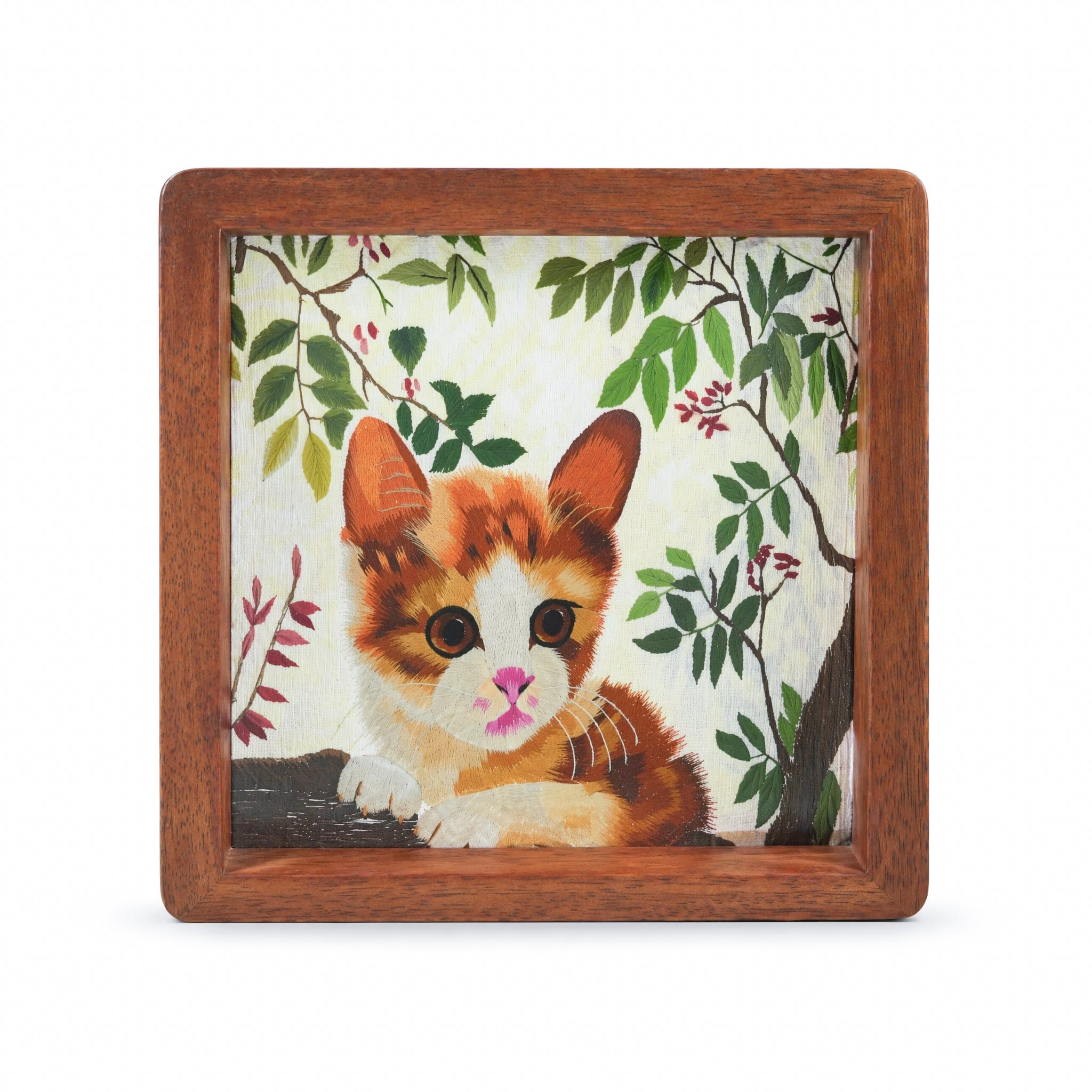 Apsastitch Double-Sided Cat Face Embroidery Table Screen – 60-Hour Handcrafted Xiang Embroidery Art Collectible, 20×20cm Silk Satin with Solid Wood Frame