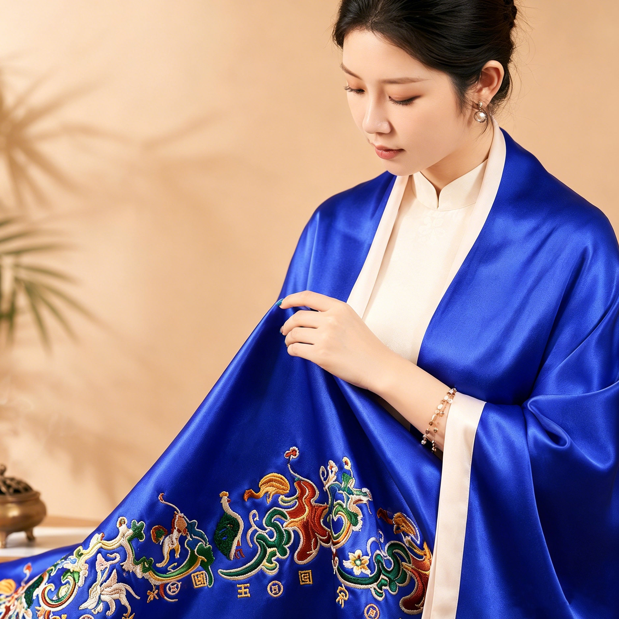 Apsastitch "Five Stars Rise in the East" Silk Scarf Wrap – 120-Hour Handcrafted Xiang Embroidery Silk Wrap, 16 Momme 100% Mulberry Silk, Han Dynasty Brocade Inspiration, Unique Chinese Heritage Wearable Art Gift
