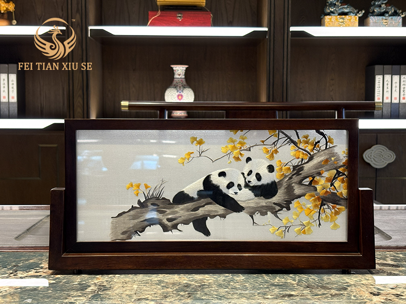 Handmade Su Embroidery Double-Sided Panda Table Screen - Cenderamata Mewah, Hiasan Meja Gaya Cina