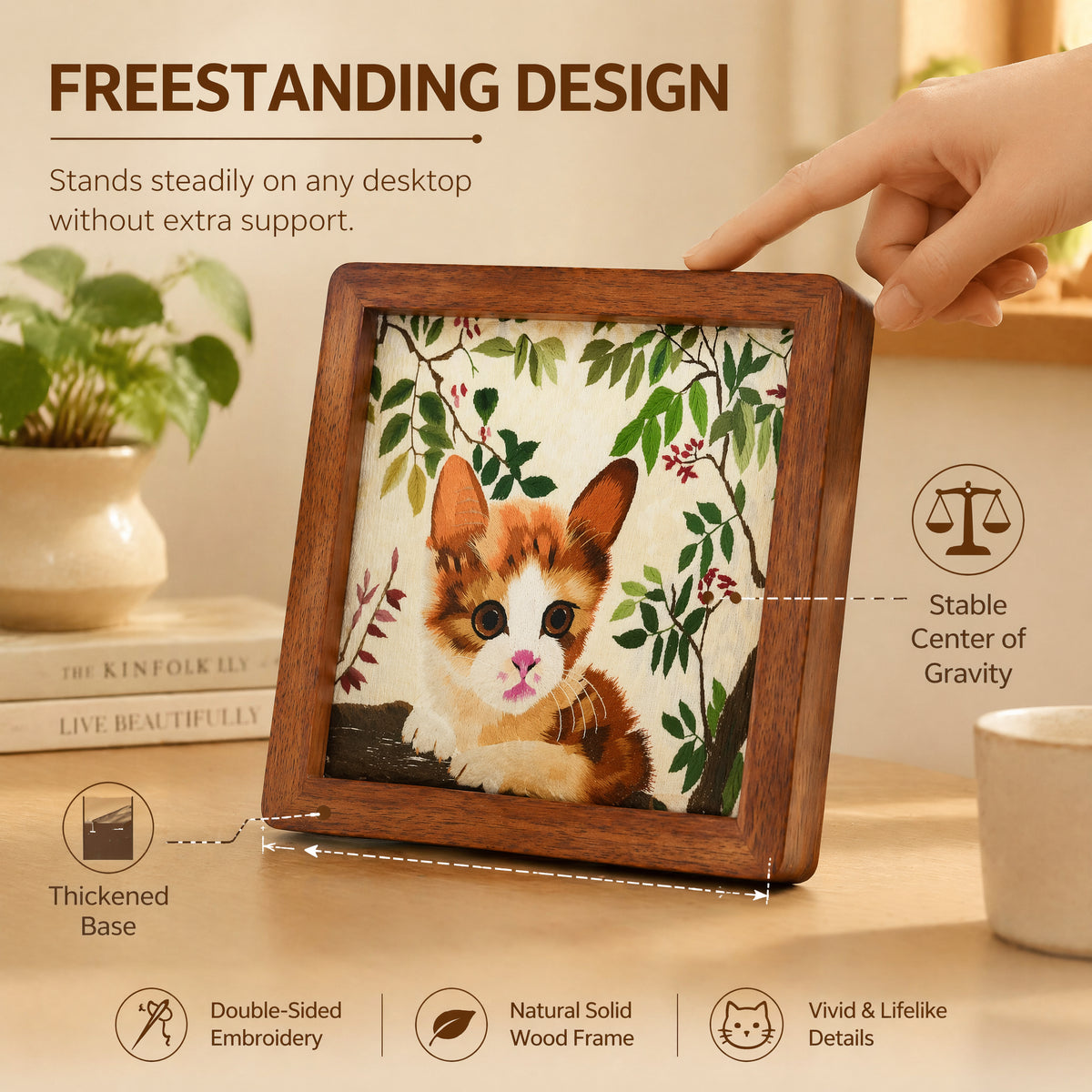 Apsastitch Double-Sided Chinese Cat Face Embroidery Table Screen – 60-Hour Handcrafted Xiang Embroidery Art Collectible, Silk Satin with Solid Wood Frame, Home Decor Art, Unique Chinese Housewarming Gift