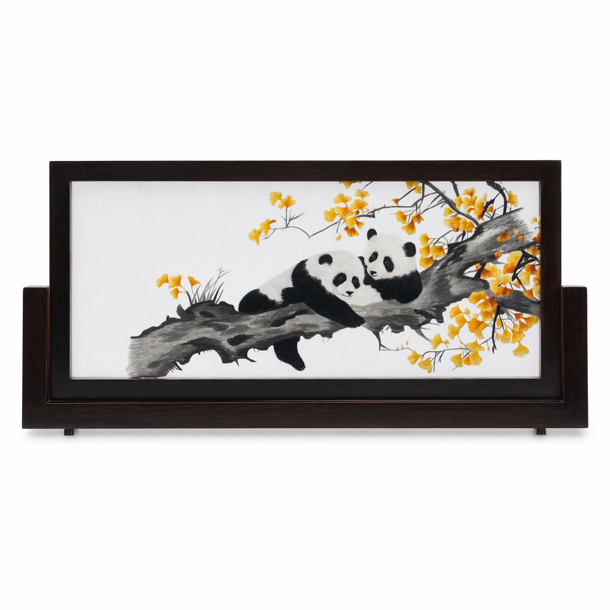 Apsastitch Double-Sided Panda Embroidery Table Screen – 120-Hour Handcrafted Xiang Embroidery Art Collectible, 50×24cm Silk Organza with Padauk Wood Frame