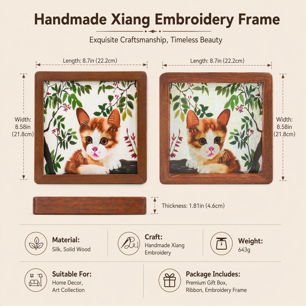 Apsastitch Double-Sided Chinese Cat Face Embroidery Table Screen – 60-Hour Handcrafted Xiang Embroidery Art Collectible, Silk Satin with Solid Wood Frame, Home Decor Art, Unique Chinese Housewarming Gift