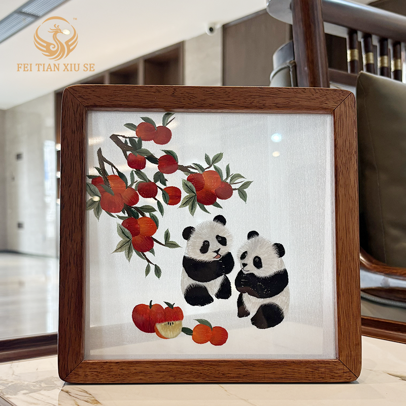 Premium Hand-Embroidered Panda Figurine - Authentic Xiang Embroidery Chinese Style Home Decor, Unique Tabletop Ornament & Luxury Souvenir