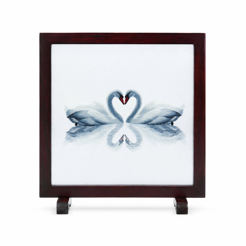 Apsastitch New Chinese Style Swan Embroidery Table Screen – 50-Hour Handcrafted Xiang Embroidery Art Collectible, 20×20cm Silk Satin with Rosewood Frame