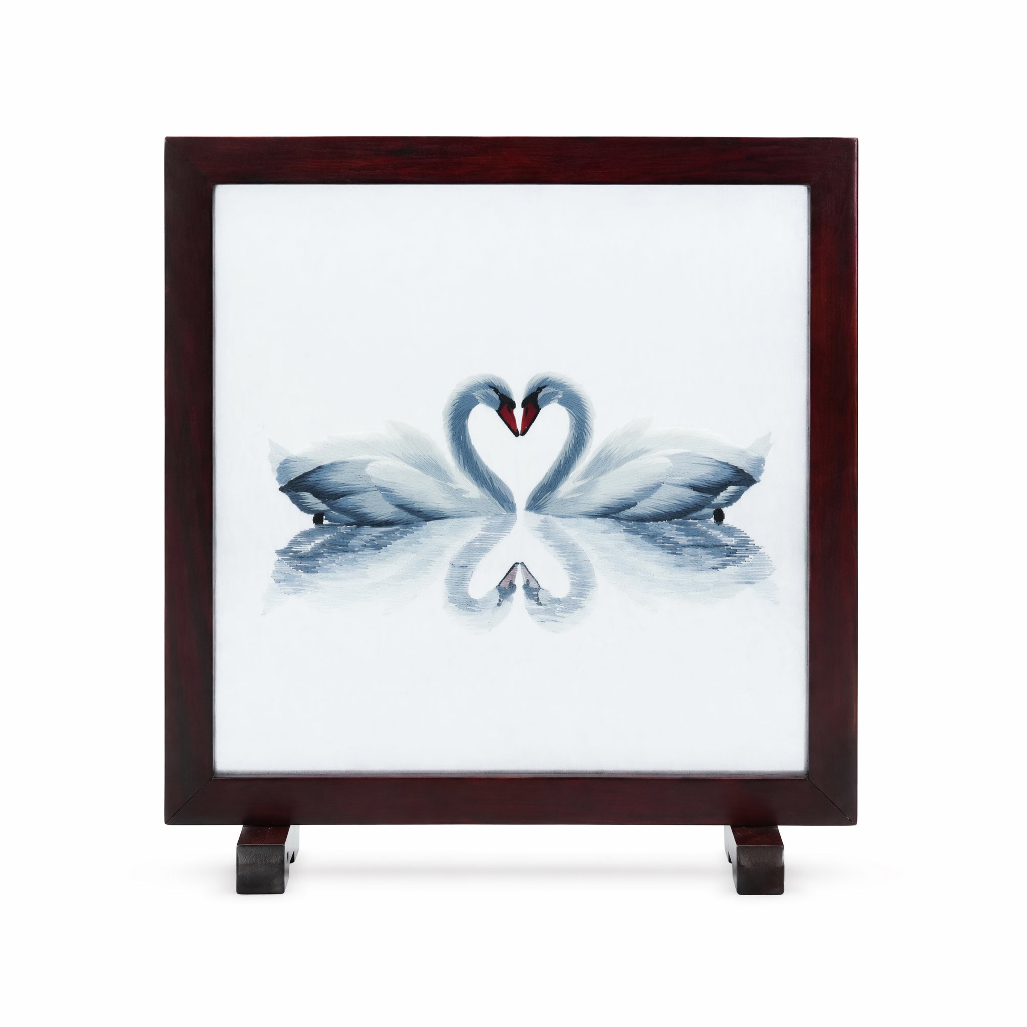 Apsastitch New Chinese Style Swan Embroidery Table Screen – 50-Hour Handcrafted Xiang Embroidery Art Collectible, 20×20cm Silk Satin with Rosewood Frame