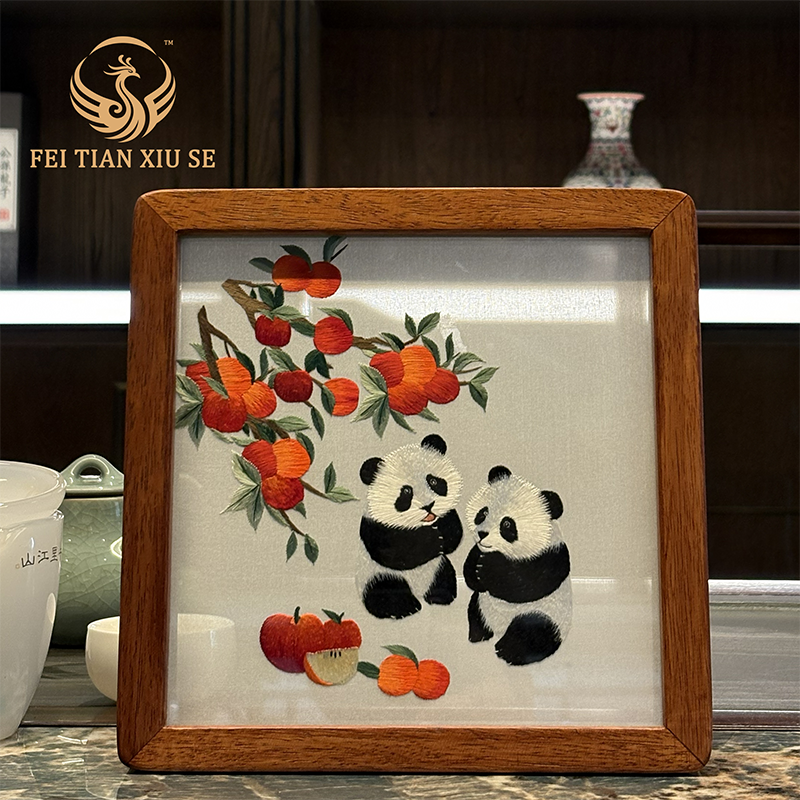 Premium Hand-Embroidered Panda Figurine - Authentic Xiang Embroidery Chinese Style Home Decor, Unique Tabletop Ornament & Luxury Souvenir