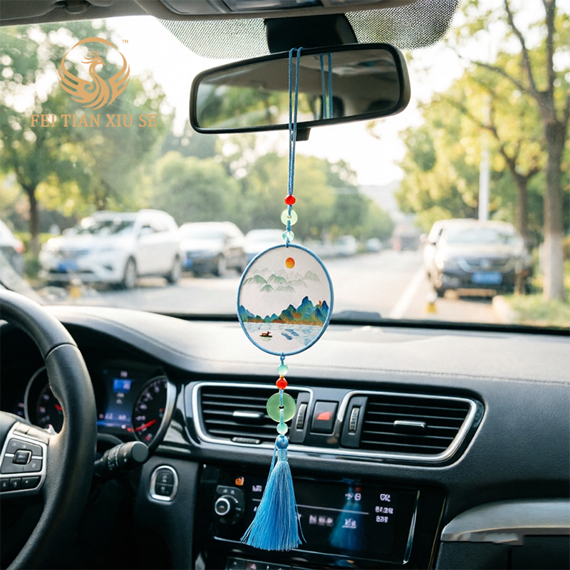 Intangible Cultural Heritage Double-Sided Embroidery Car Pendant - Premium Handmade Vehicle Charm, Elegant Car Interior Decoration &