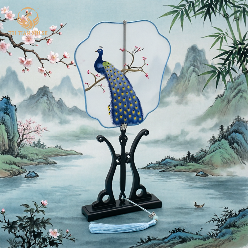 FEITIANXIUSEHandmade Double-Sided Silk Embroidery Round Fan Chinese Tuan Shan Classical Art Gift