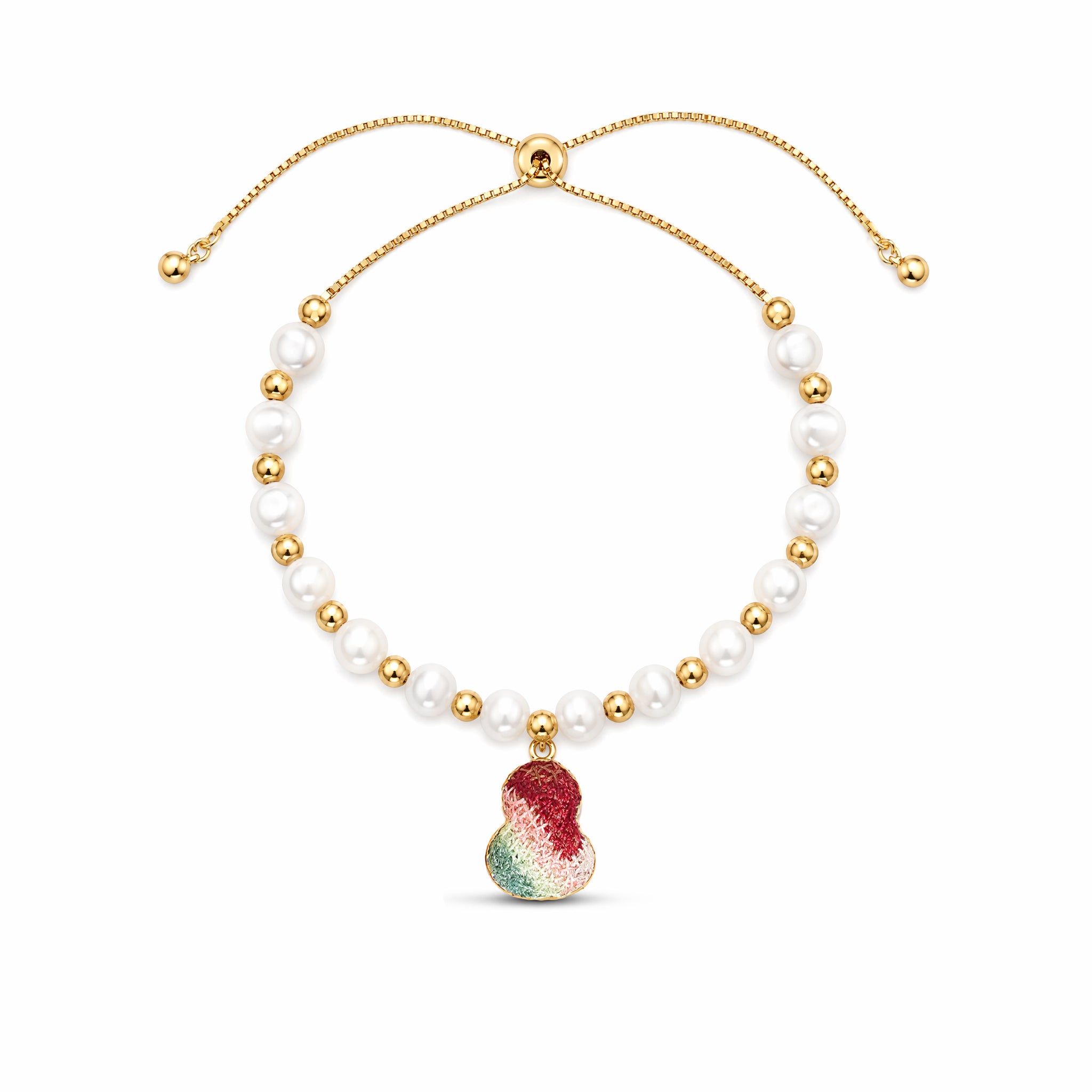 Apsastitch Hand-Embroidered Gourd Bracelet | 24K Gold Vermeil S925 Silver with Freshwater Pearl | Dunhuang Five-Color Blessing Jewelry | Limited Edition Certified Artisan Piece