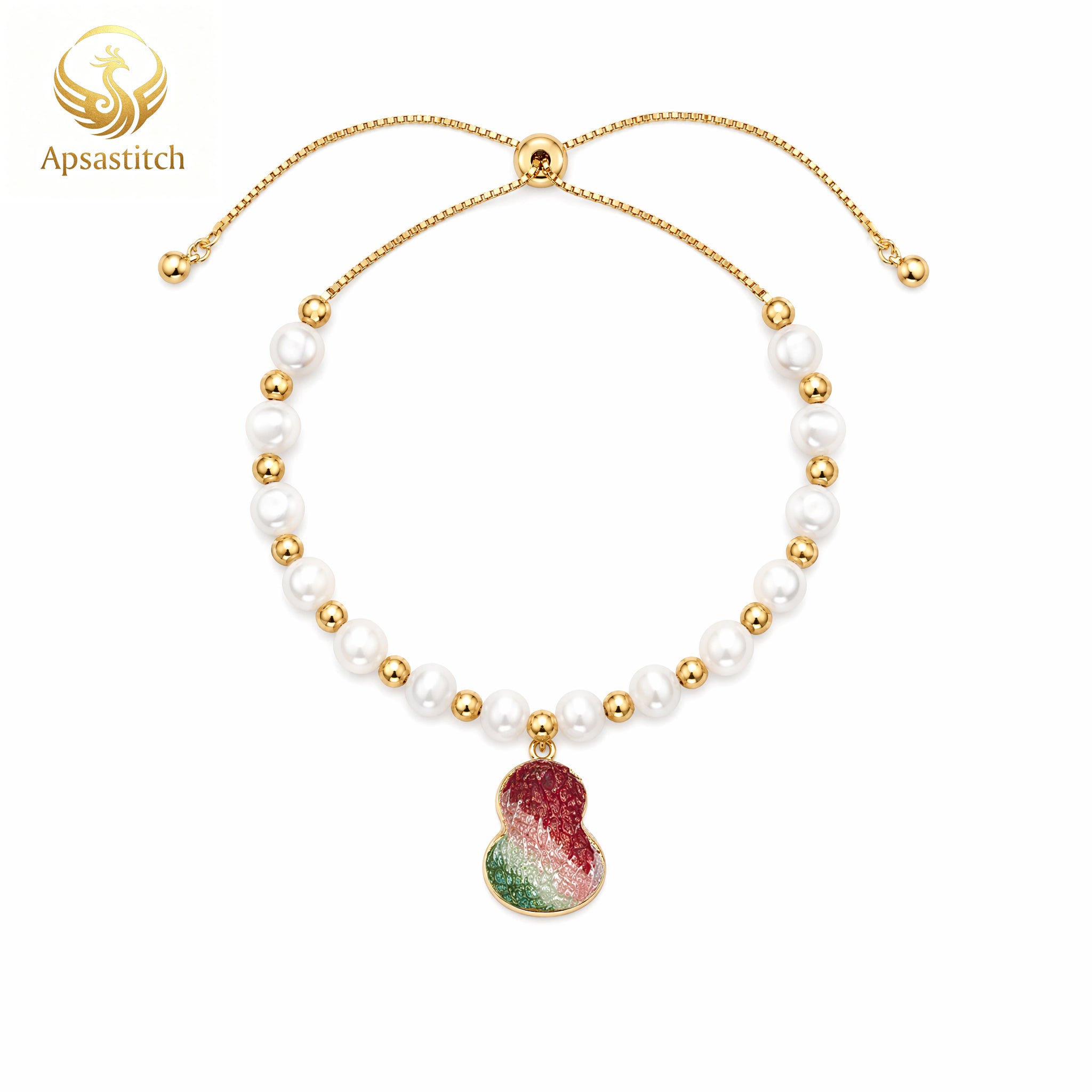 Apsastitch Dunhuang Five-Color Gourd Bracelet Series – 24K Gold-Plated S925 Silver with Freshwater Pearl & Mulberry Silk Embroidery, Five Auspicious Colors, Adjustable Sliding Knot, Unique Chinese Heritage Jewelry Gift