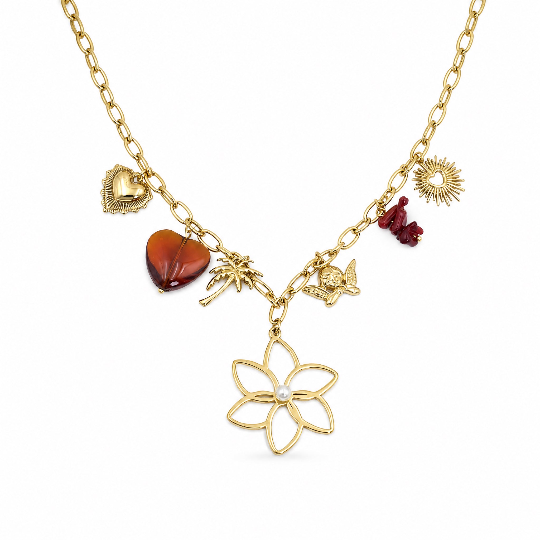 Apsastitch Star of David Pendant with Multi-Flower Copper-Plated Necklace – Copper-Plated Chain with Floral Pendant, Mystical Star Fashion Jewelry Gift