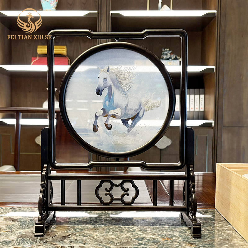 FEI TIAN XIU SE hinese Double-Sided Embroidery Horse Table Screen Feng Shui Home Decor
