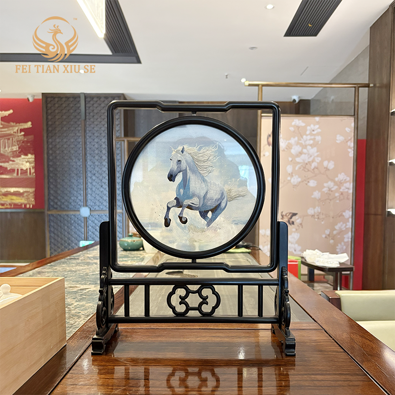 FEI TIAN XIU SE hinese Double-Sided Embroidery Horse Table Screen Feng Shui Home Decor