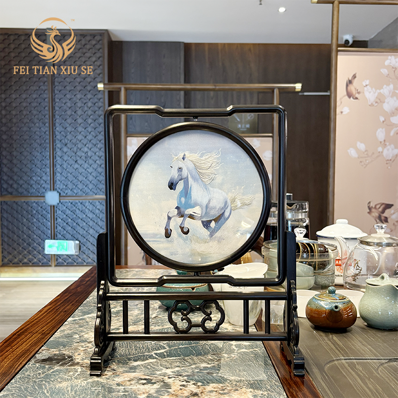 FEI TIAN XIU SE hinese Double-Sided Embroidery Horse Table Screen Feng Shui Home Decor