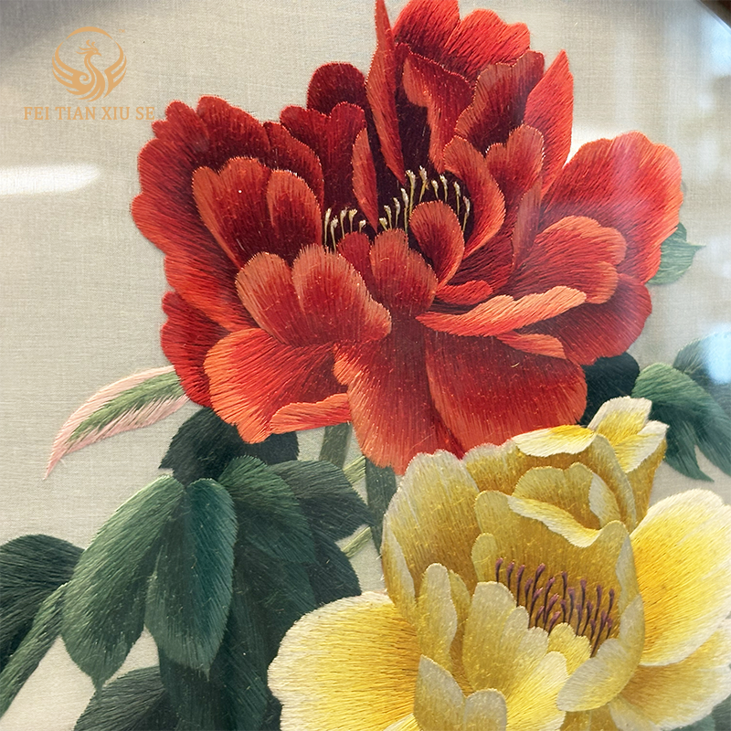 FEI TIAN XIU SE Handmade Chinese Embroidery Table Screen Peony Wood Frame Ornament