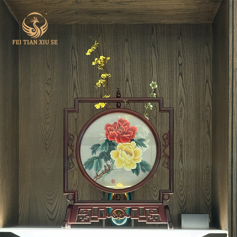 FEI TIAN XIU SE Handmade Chinese Embroidery Table Screen Peony Wood Frame Ornament