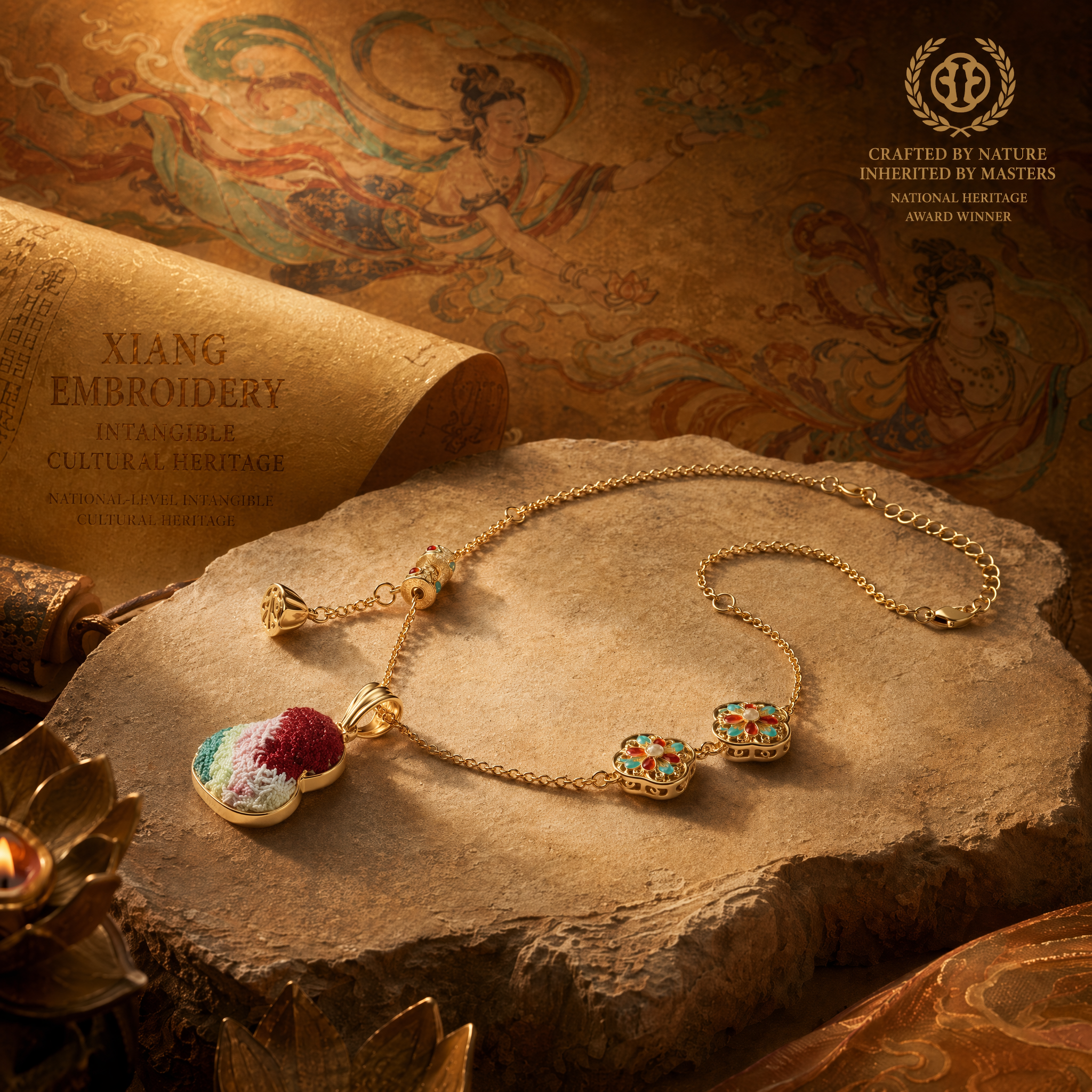 Apsastitch Dunhuang Five-Color Gourd Necklace Series – 24K Gold-Plated S925 Silver with Mulberry Silk Embroidery, Five Auspicious Colors, 38+5cm Adjustable Chain, Unique Chinese Heritage Jewelry Gift