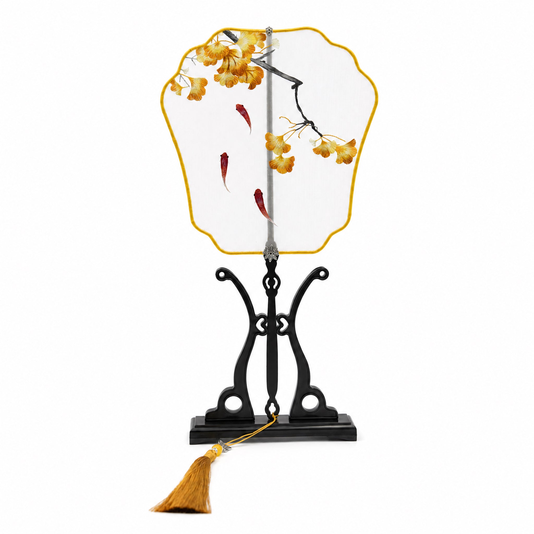 Apsastitch Su Embroidery Hand-Wrapped Silk Fan "Ginkgo & Fish" – 192-Hour Handcrafted Suzhou Embroidery Art Fan, 100% Mulberry Silk with Ebony Handle, Unique Chinese Heritage Home Decor Gift