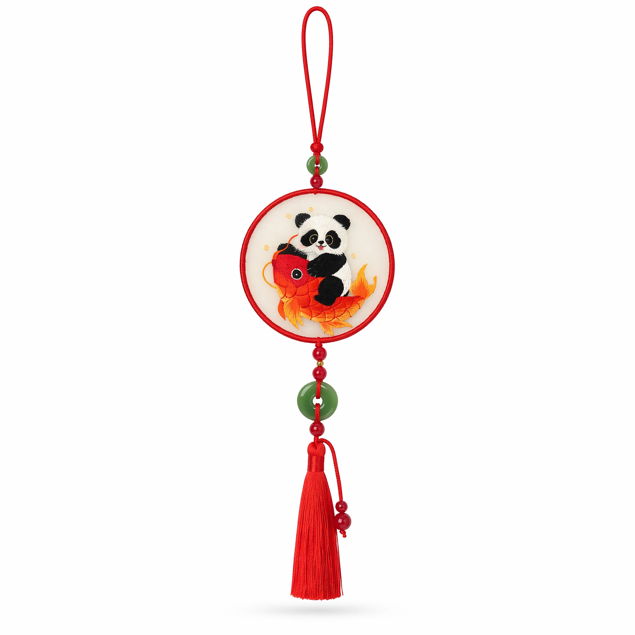 Apsastitch Double-Sided Panda with Carp Fish Embroidery Car Hanging Ornament – 24-Hour Handcrafted Xiang Embroidery Car Charm, Silk Satin with Silk Tassel, Lucky Panda Rearview Mirror Decor, Unique Yearly Surplus Gift
