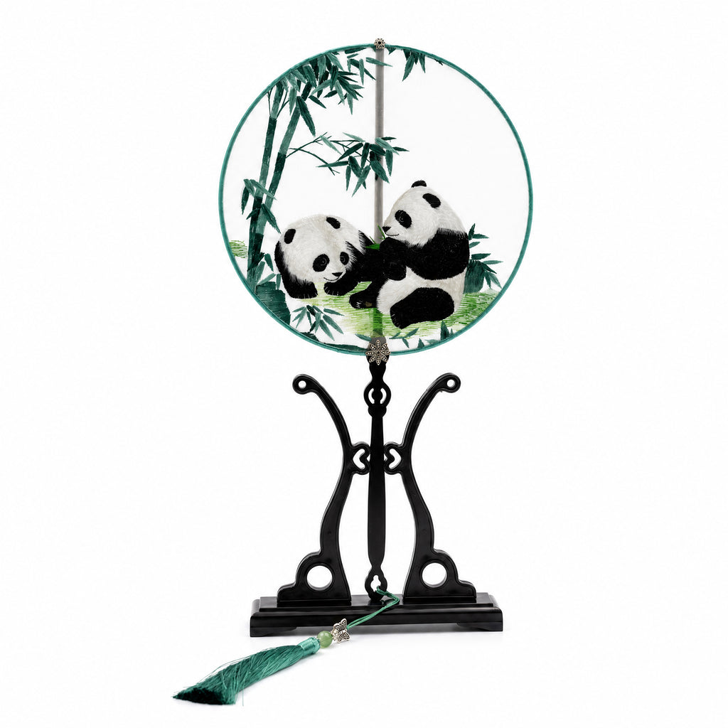 Apsastitch Su Embroidery Hand-Wrapped Silk Fan "Panda with Bamboo" – 192-Hour Handcrafted Suzhou Embroidery Art Fan, 100% Mulberry Silk with Ebony Handle, Unique Chinese Heritage Home Decor Gift